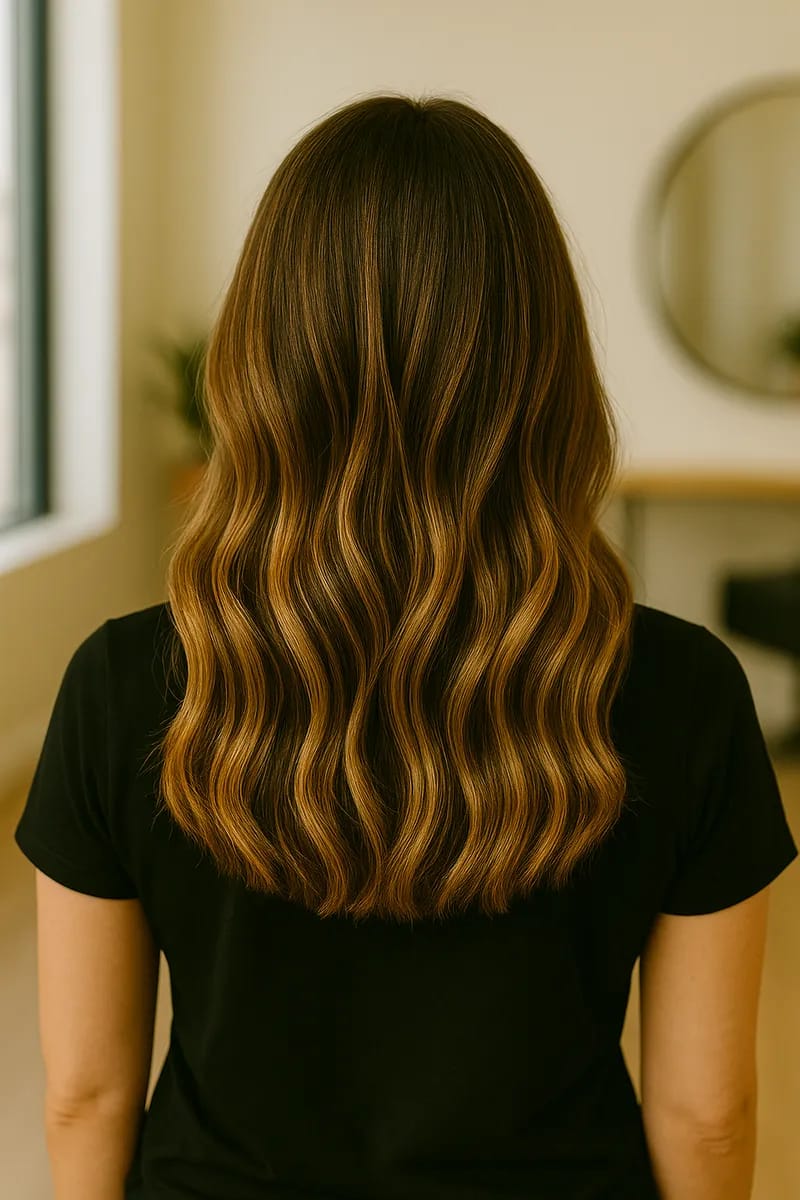 After transformation - beautiful balayage with golden highlights