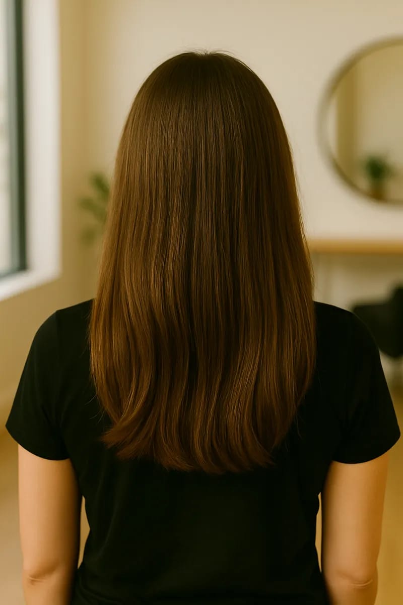 Before transformation - natural brown hair, no highlights